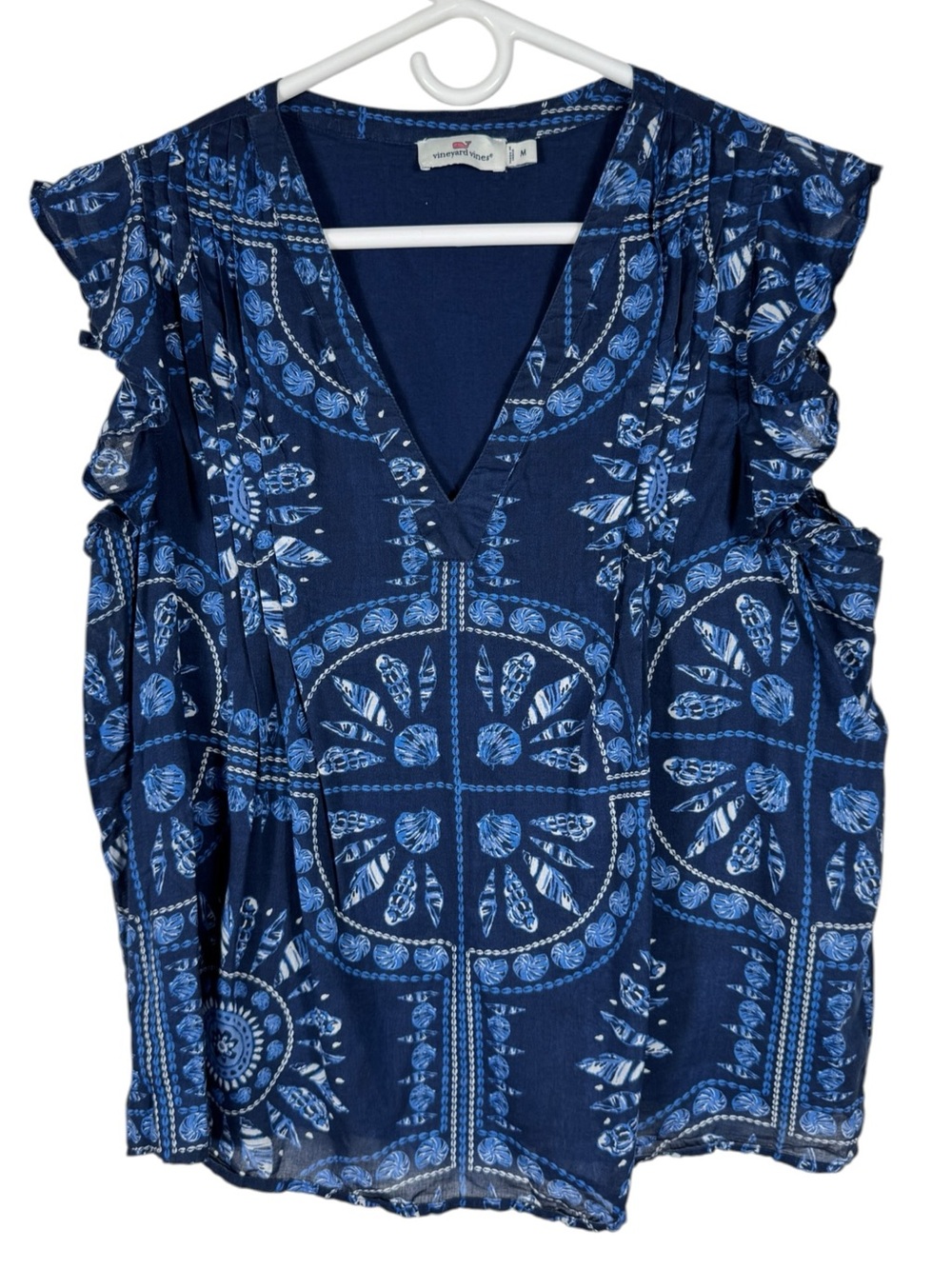Vineyard Vines Blue Pattern Flutter Sleeve Top, Size M